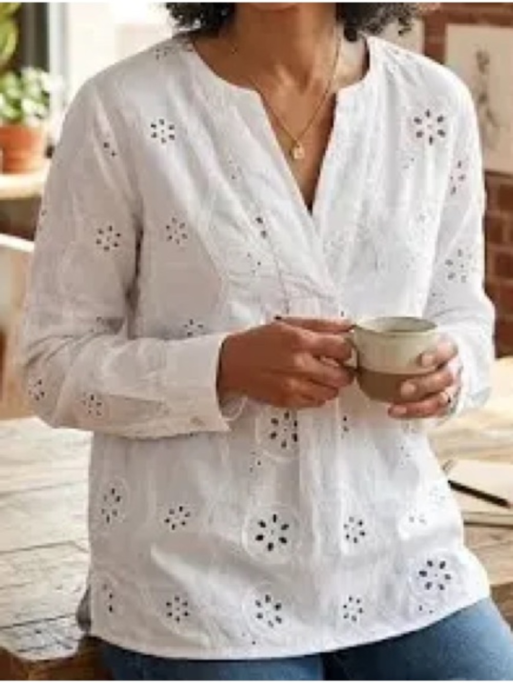 Christian Siriano White Eyelet V-Neck Women's Top
